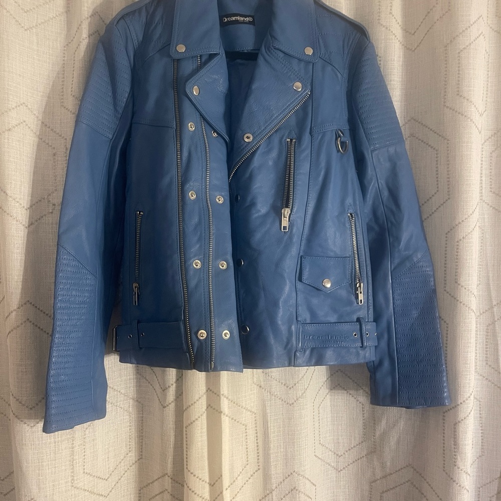 NWOT DREAMLAND LEATHER Men’s M Jacket Sky Blue Zips Pockets Snaps Functional